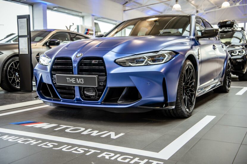 2021 BMW M3 displayed in the Frozen Portimao Blue color from BMW Individual
